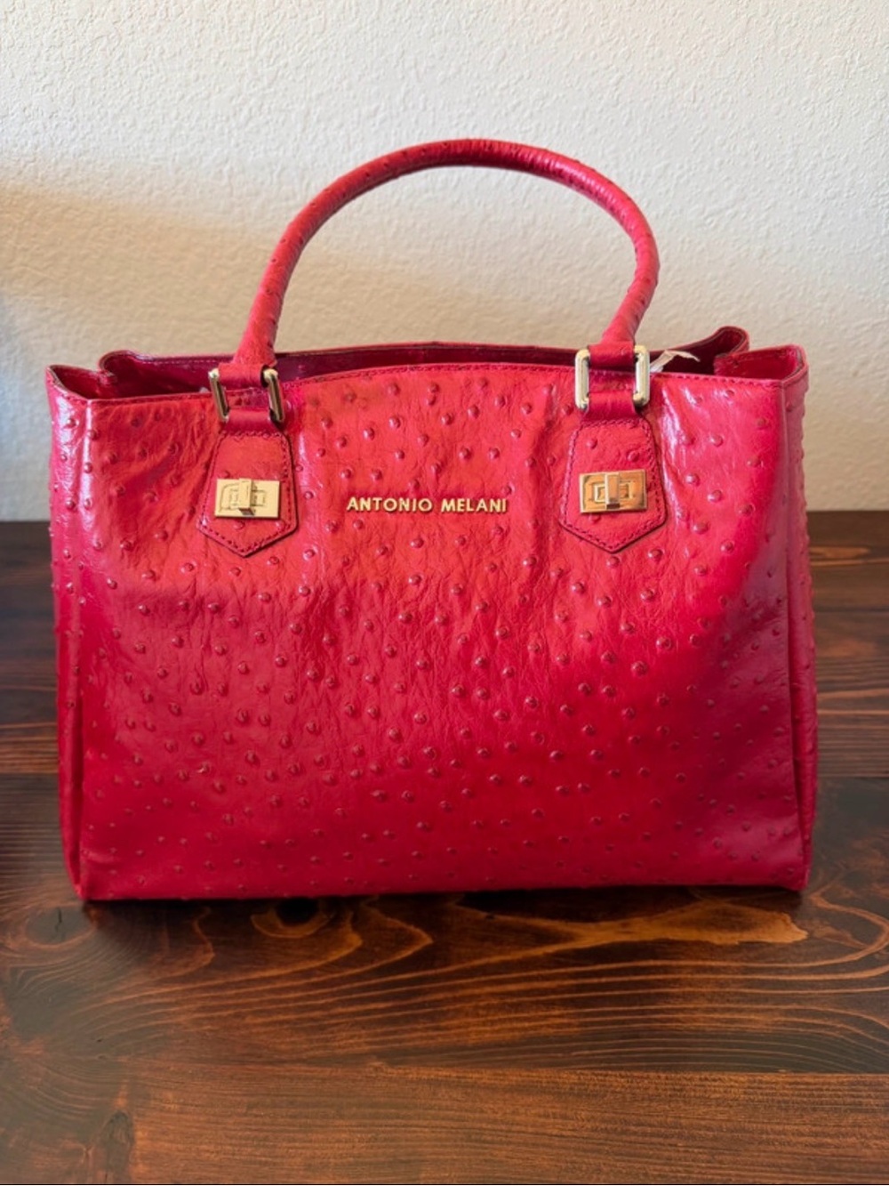 Antonio Melani Large Genuine Leather Red Ostrich-Embossed Satchel Bag